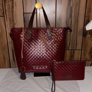 Dooney & Bourke Burgundy Woven Leather Tote Including Wristlet & Key Fob